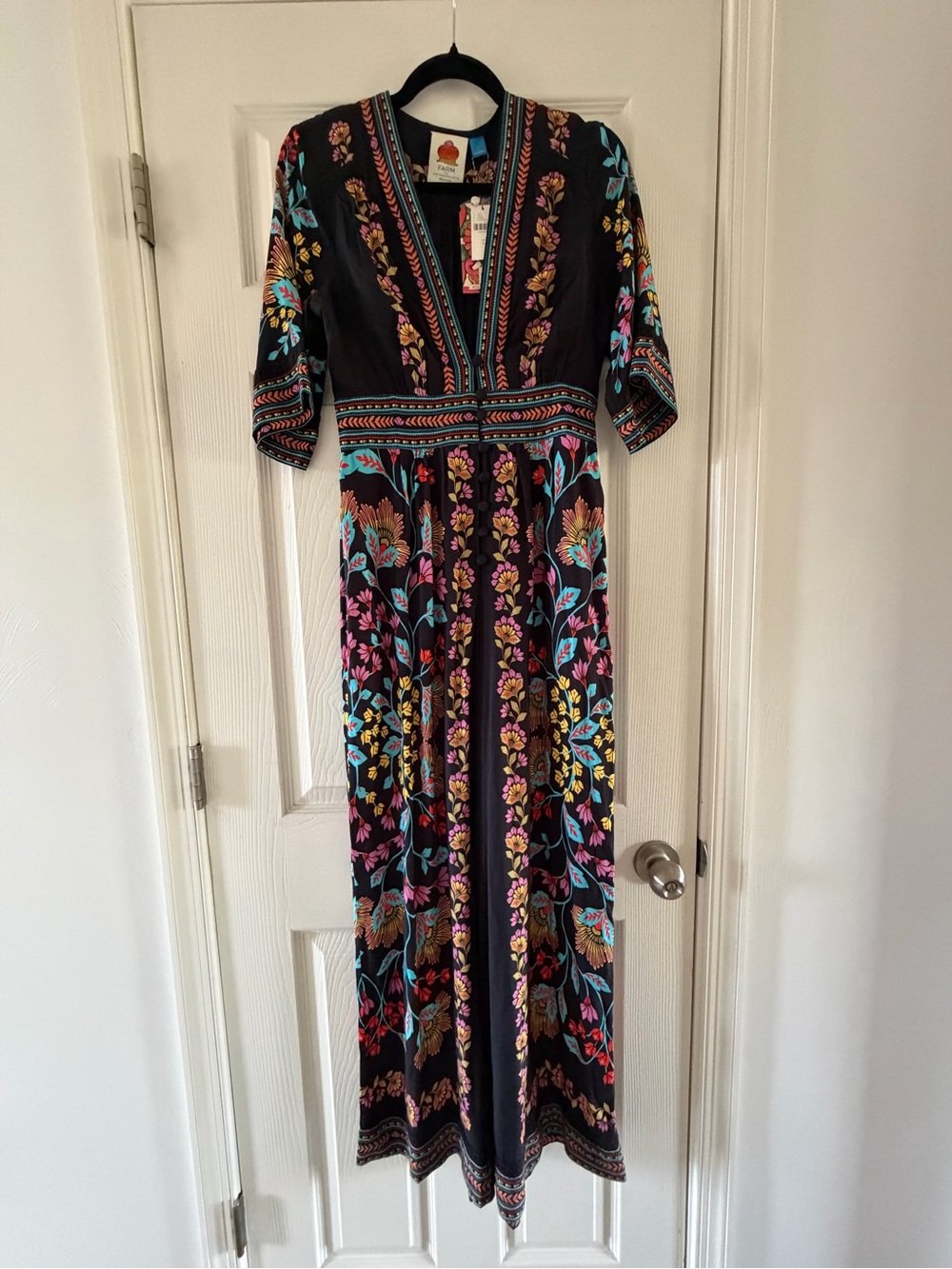 FARM Rio Black Floral Embroidered Jumpsuit with Multicolor Blooms